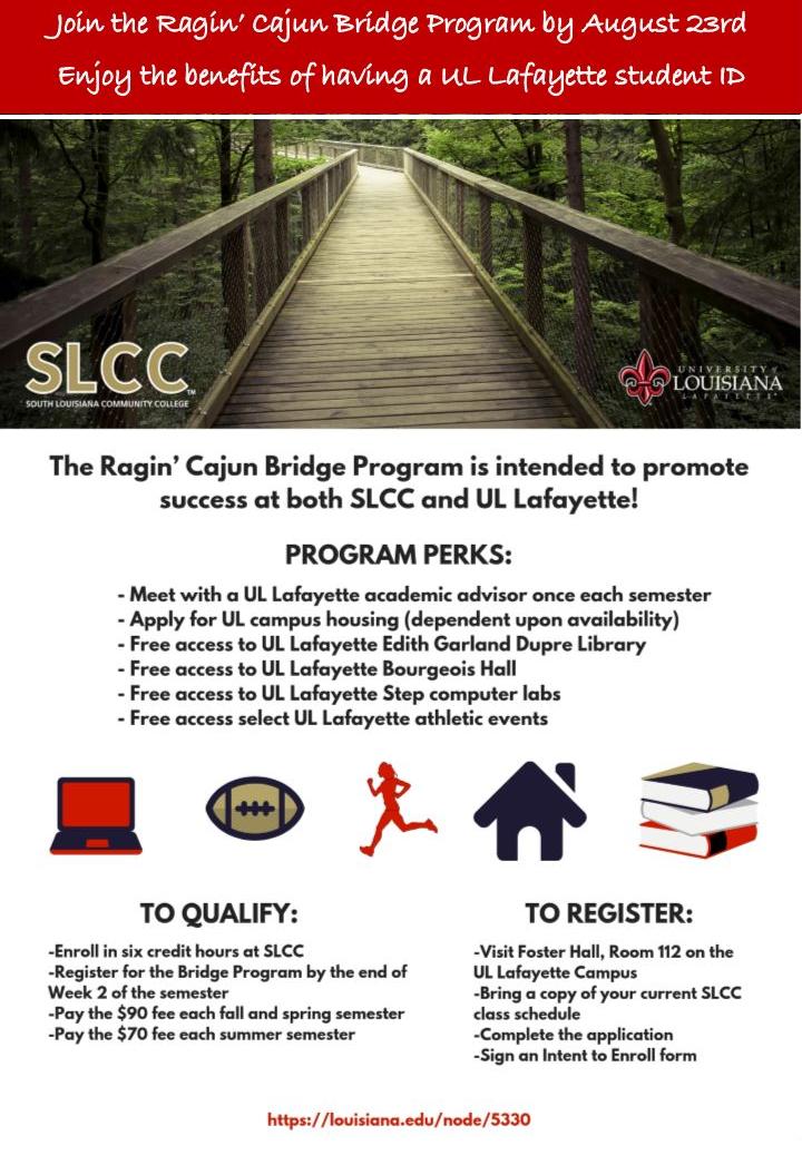 solaccofficial's tweet photo. Did you know? We have a Bridge Program with UL Lafayette! Enroll by Aug. 23 to receive a UL Lafayette ID! https://t.co/05r3PulyD3
