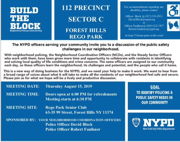 NYPD112Pct's tweet photo. The NCO Charlie Build The Block Meeting is tomorrow night! Come out and speak with your Neighborhood Coordination Officers. #NYPDconnecting https://t.co/NVCeEONgmO