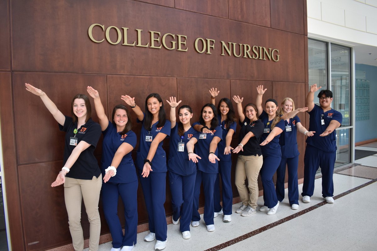 UFNursing's tweet photo. We’re excited to welcome the newest group of #GatorNurses, who attended orientation today. In addition to getting acquainted with the program and each other, they picked up textbooks, were sized for white coats and learned from their senior mentors how we #CareLeadInspire! https://t.co/962IftCKHF