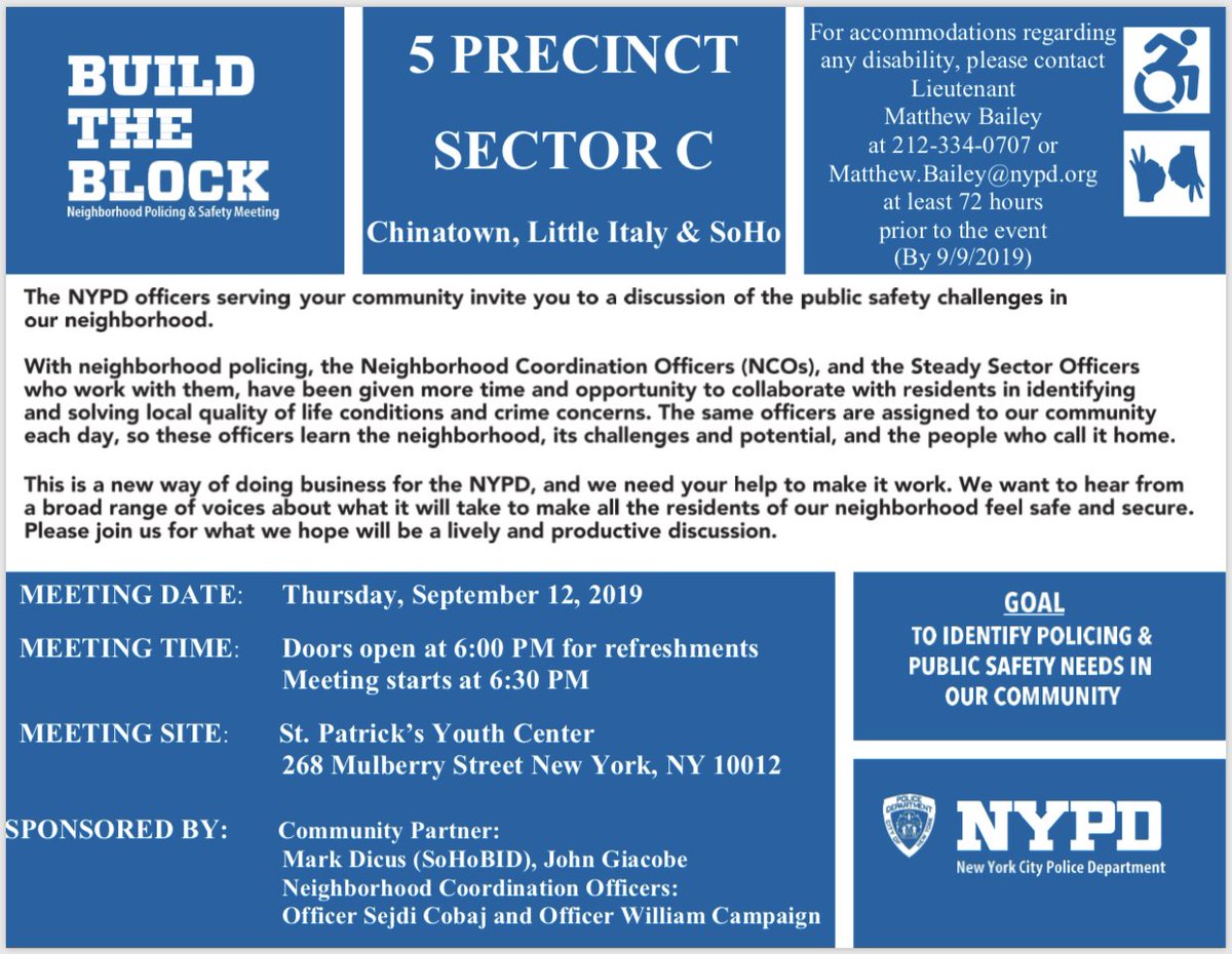 NYPD5Pct's tweet photo. Reminder: ⏰Our NCO C #BuildTheBlock meeting Next month 9/12/2019, 🚪 open at 6pm with refreshments, Meeting start @ 6:30pm, meeting will be held at St Patrick’s Youth Center-268 Mulberry St. We welcome the Broadway/Soho/Chinatown community. 
#Soho #Chinatown #Broadway https://t.co/2vSdkbetsZ