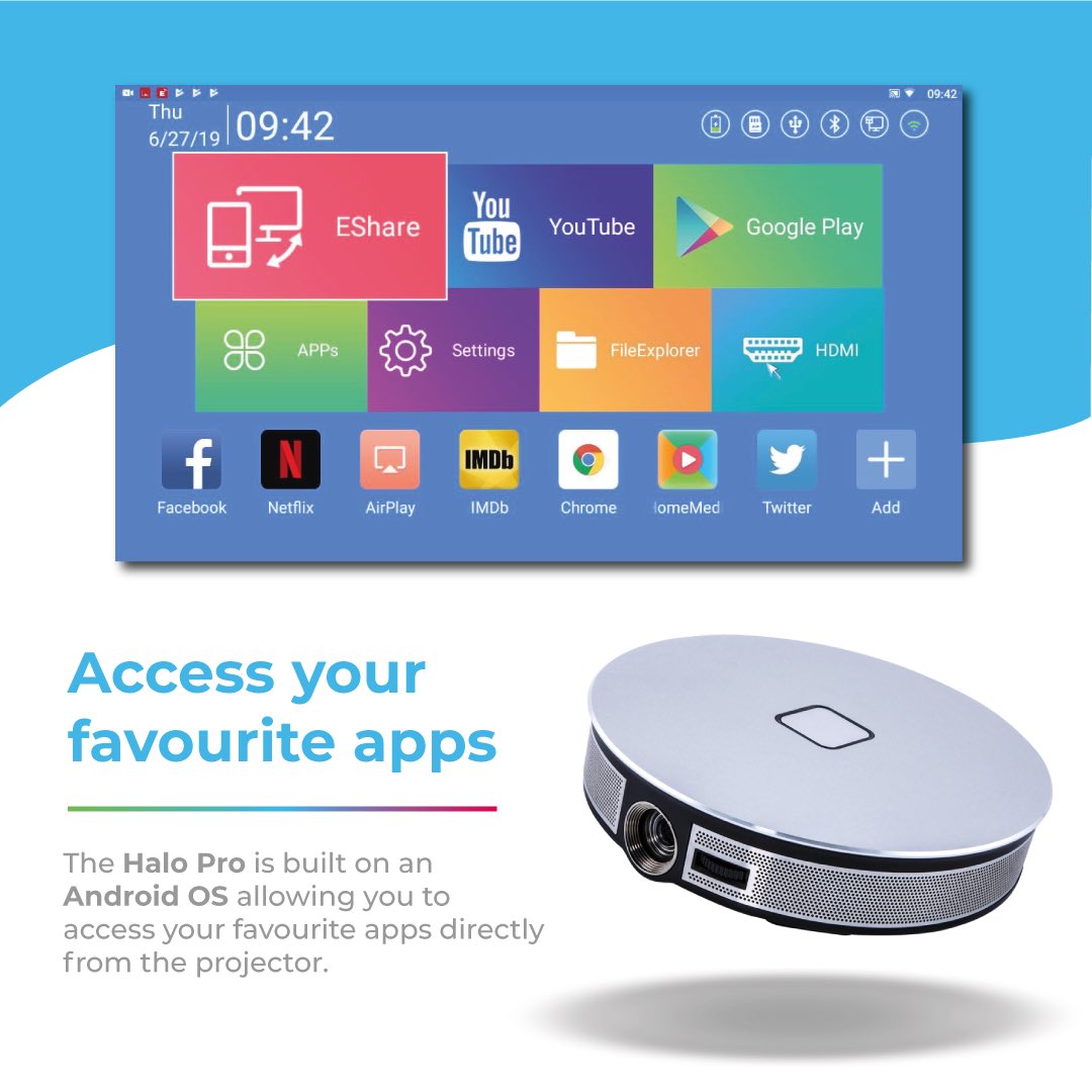 OptigloCo's tweet image. Take a glimpse at the Halo Pro interface.

This is more than a #projector.

Think of the Halo Pro as it’s own computer.

Run on an Android OS, you’ll be able to access your favourite apps directly on the projector with your wireless remote that’s included in the package.