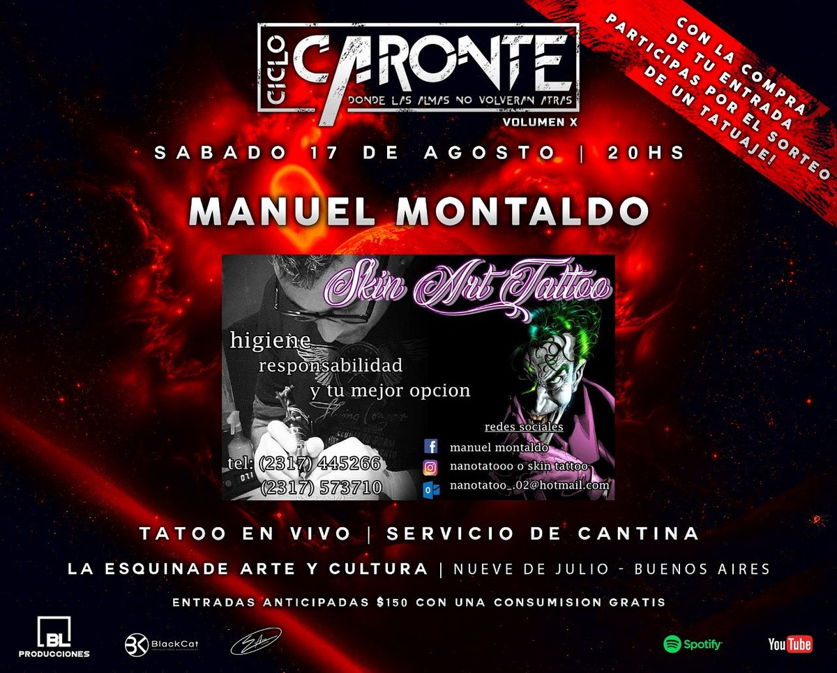 Con la entrada se va a sortear un tatuaje ! Pedí tu anticipada que trae una consumición gratis(en puerta no)! Van a tocar #AmigoNoLlores #Triod4 #SecretoUrbano <a href="/AlgunGrito/">Algun Grito</a> <a href="/Kraneo_Negro/">Kraneo Negro</a> <a href="/milmaresoficial/">Mil Mares</a> <a href="/proyectoblivion/">Proyecto Oblivion</a>! Si sos de Casares <a href="/Kraneo_Negro/">Kraneo Negro</a> está organizando una combi!