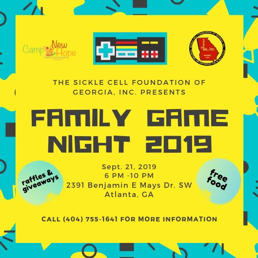 GASickleCell's tweet photo. Save the Date for Family Game Night 2019! 9/21 #SCFG #SickleCell #SickleCellGa #SickleCellAwareness https://t.co/AhT5G1N2K0