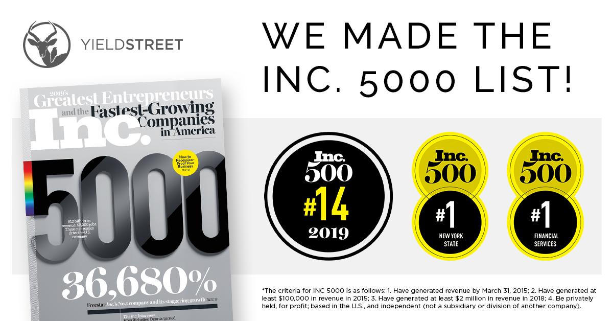 Yieldstreet's tweet photo. We are proud to announce that YieldStreet has been named by Inc.* as the 14th fastest growing private company in the United States, capturing the #1 spot in both the New York and the Finance categories.

https://t.co/vzTxjOGN8d https://t.co/2DvGIcNEEC