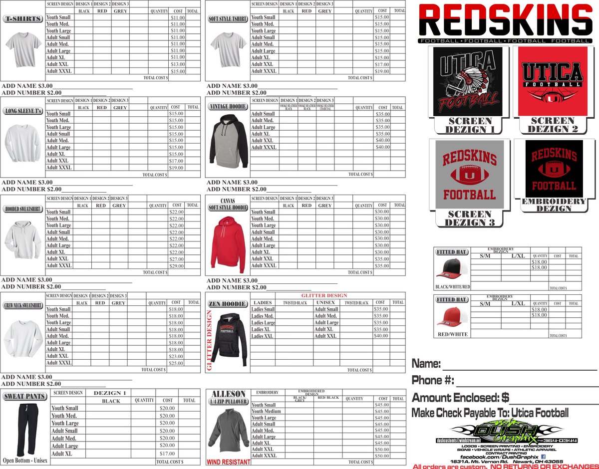 UticaRedskinsFB's tweet photo. UTICA FOOTBALL SPIRIT WEAR! Please see attached flyer. For orders see a current player or email Coach Rowley: crowley@northfork.k12.oh.us. Orders and money are due Thursday, August 22. Thank you for your support! #operation11 https://t.co/OS29tnAGlX