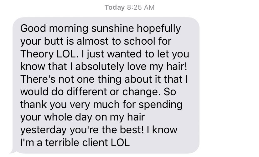 sydneypaige___'s tweet photo. So I did my instructors hair yesterday in school, which is a big deal because she doesn’t trust anyone! And she sent me this today, huge compliment. #300hoursleft #almostlicensed 🤩🤞🏼💇🏽♀️ https://t.co/7A8Hna7mWb