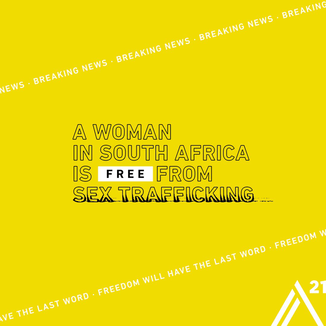 A21's tweet photo. #BREAKINGNEWS Today, we are celebrating freedom for a woman in South Africa. She was promised job &amp; felt hopeful that this would be her chance at a better life. But once she arrived, it was not what she was promised. Instead, she was forced into sexual exploitation. https://t.co/FBqAMzFdAU