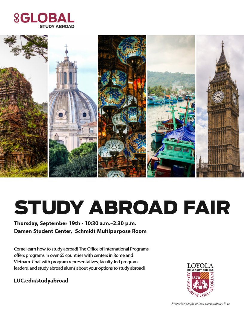 luc_studyabroad's tweet photo. Save the date for the Fall Study Abroad Fair! September 19th 10:30am-2:30pm in the Damen MPR. Learn more about study abroad programs and get some awesome study abroad swag! https://t.co/79Ltu82KdQ