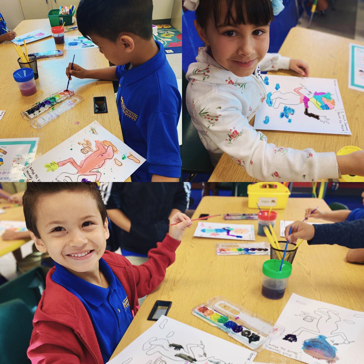 MervaKACD's tweet photo. First week of school and we’re already painting! Thanks to everyone who helped fund watercolors for the art room. Look at the joy it brings kids...it’s right there on their faces 😄❤️ 🎨 #art #arteducation #kipp #kipptexas #kippaustin @KACDHoneybees @kellycdoyle https://t.co/jyZnj0Lnmd