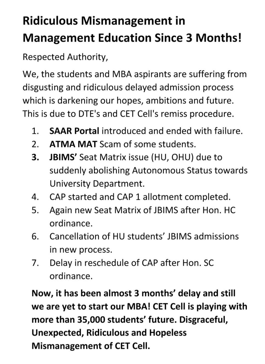 Xtroll16's tweet photo. We students have kept quiet and have had faith in our admission process for long enough Now we can't take it any longer 
Before anything mishap it's time to wake up and speed up the process
We students are asking HELP
#MBADelay
@CMOMaharashtra@TawdeVinod @RajThackeray @PMOIndia https://t.co/SAlpaNtz9v
