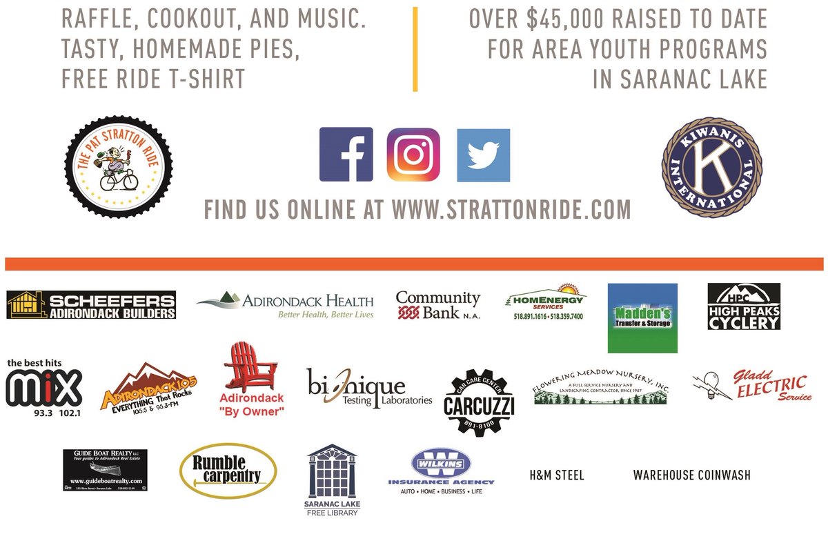 StrattonRide's tweet image. We're just 10 days away from our 19th Annual Stratton Ride! We'd like to thank our longtime ride supporters and to welcome great new crop of Gold Level sponsors. They're making our ride better each year. Among them are @AdkHealth @HPCyclery, @wlpwfm and @TheMixADK.