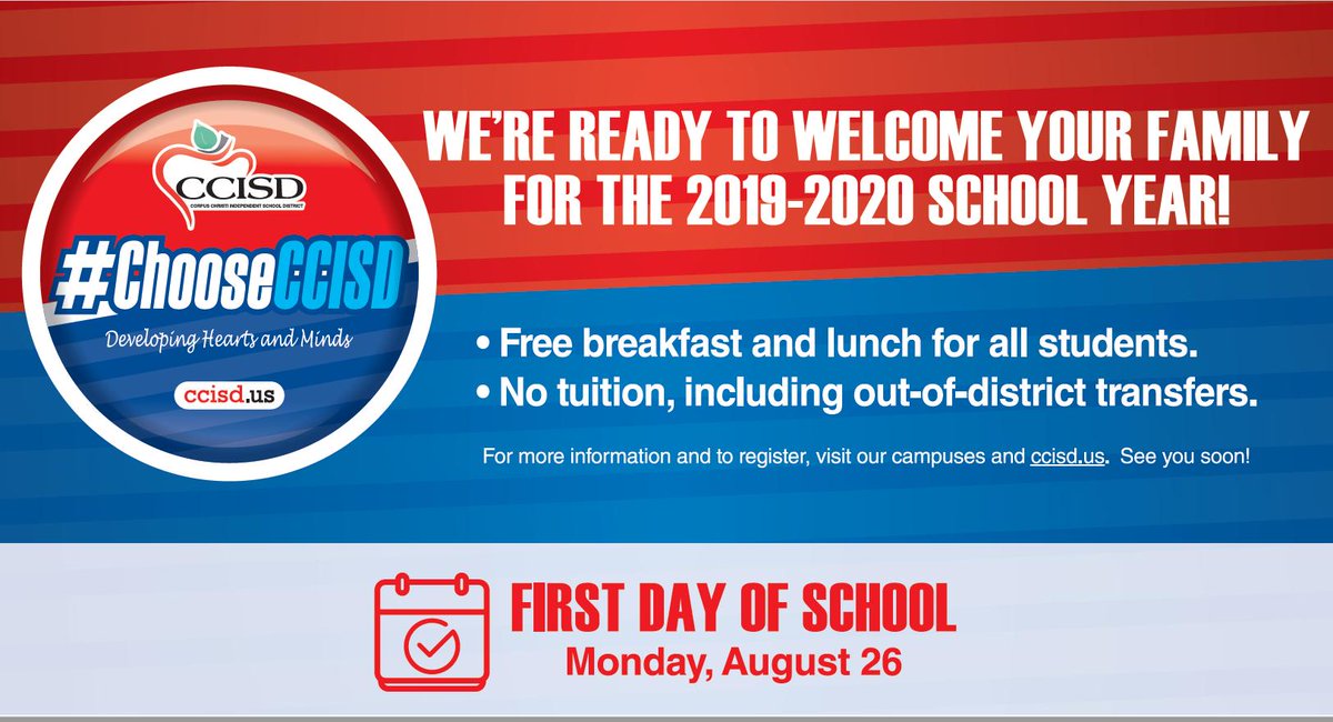 CCISD's tweet photo. Register your student today! https://t.co/lXeHwkTt0j #ChooseCCISD 

• Free breakfast and lunch for all students. 
• No tuition, including out-of-district transfers. https://t.co/dwfriPhLxE
