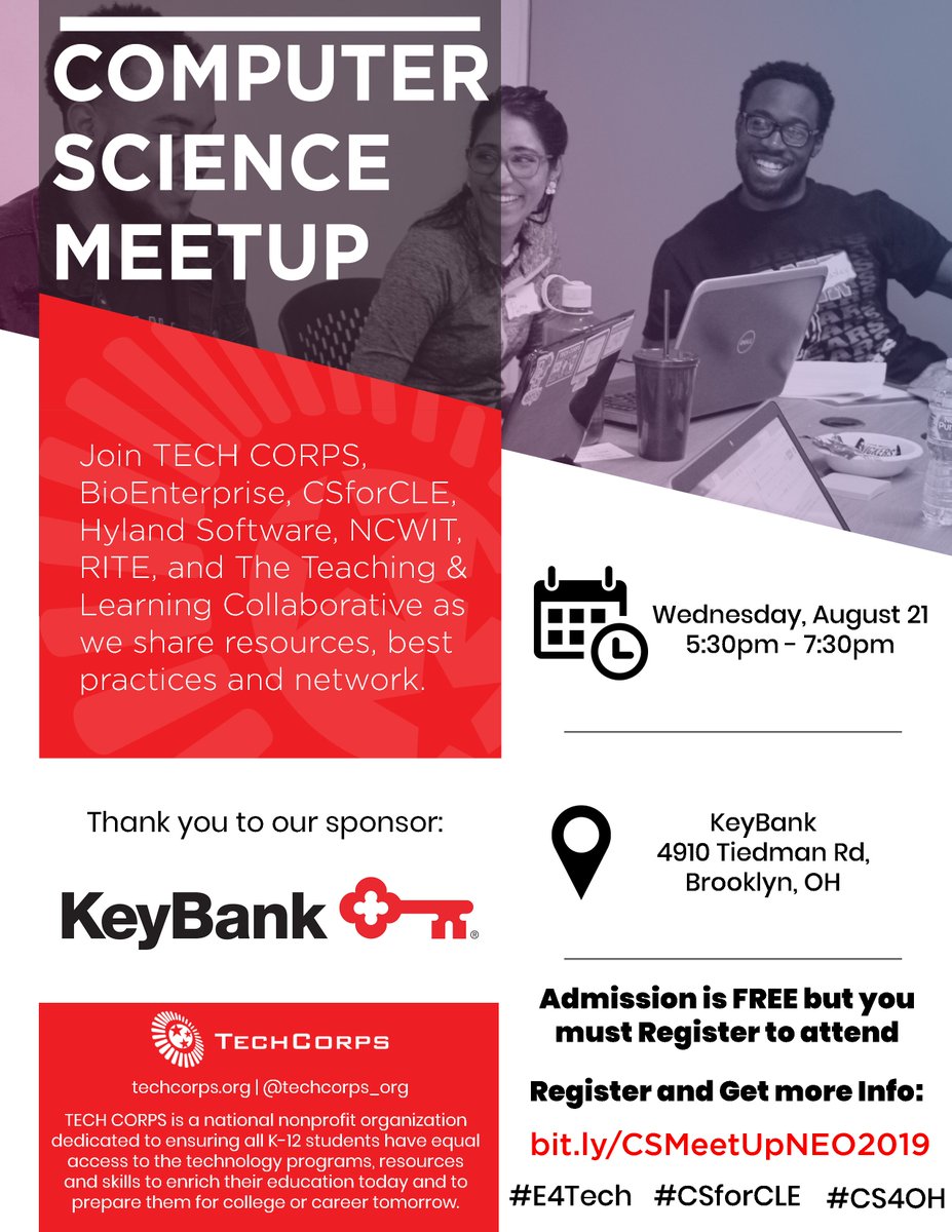 techcorpsus's tweet photo. Are you registered for the #CSMeetup? If not, do so at https://t.co/miZIAMOmQd. Don't miss this great networking opportunity! @keybank @BioECorp @HylandSoftware @NCWIT @RITE_NEO @Connect2TLC @CSforCLE #E4Tech #CSforCLE #CS4OH https://t.co/A4y1l0vfl9
