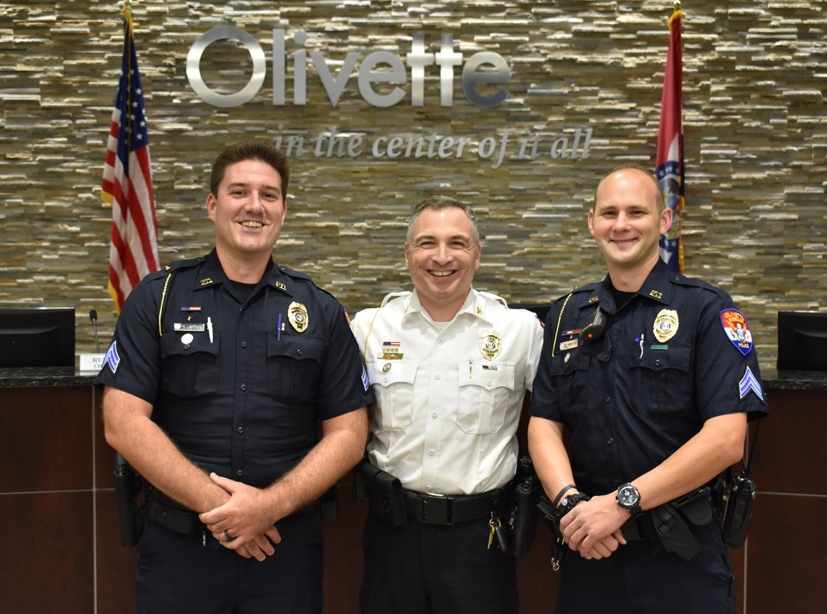 CityofOlivette's tweet photo. 🎉Congratulations to Officers Jeremy Horton and Tim Loethen who were promoted to Sergeant and sworn in at the 8/13/19 Council meeting! #OlivettePD #STLPD #CityofOlivette #Olivette https://t.co/i5efMm1jK7