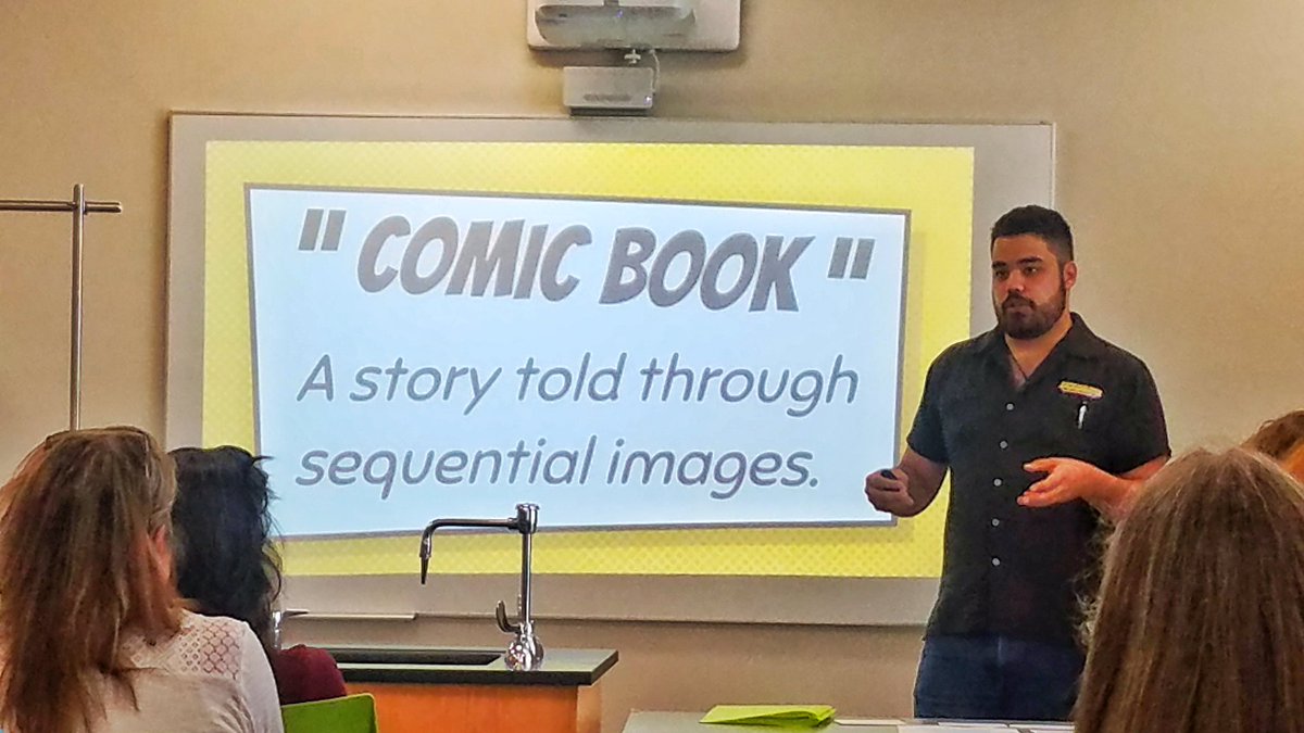 BaldLibrarian's tweet photo. Library Job-Alike Day! This session on graphic novels is fantastic! Can't wait to do a graphic novel book fair! #baldlibrarian #rambrary #bedrockcity https://t.co/LcSs1fb2zV
