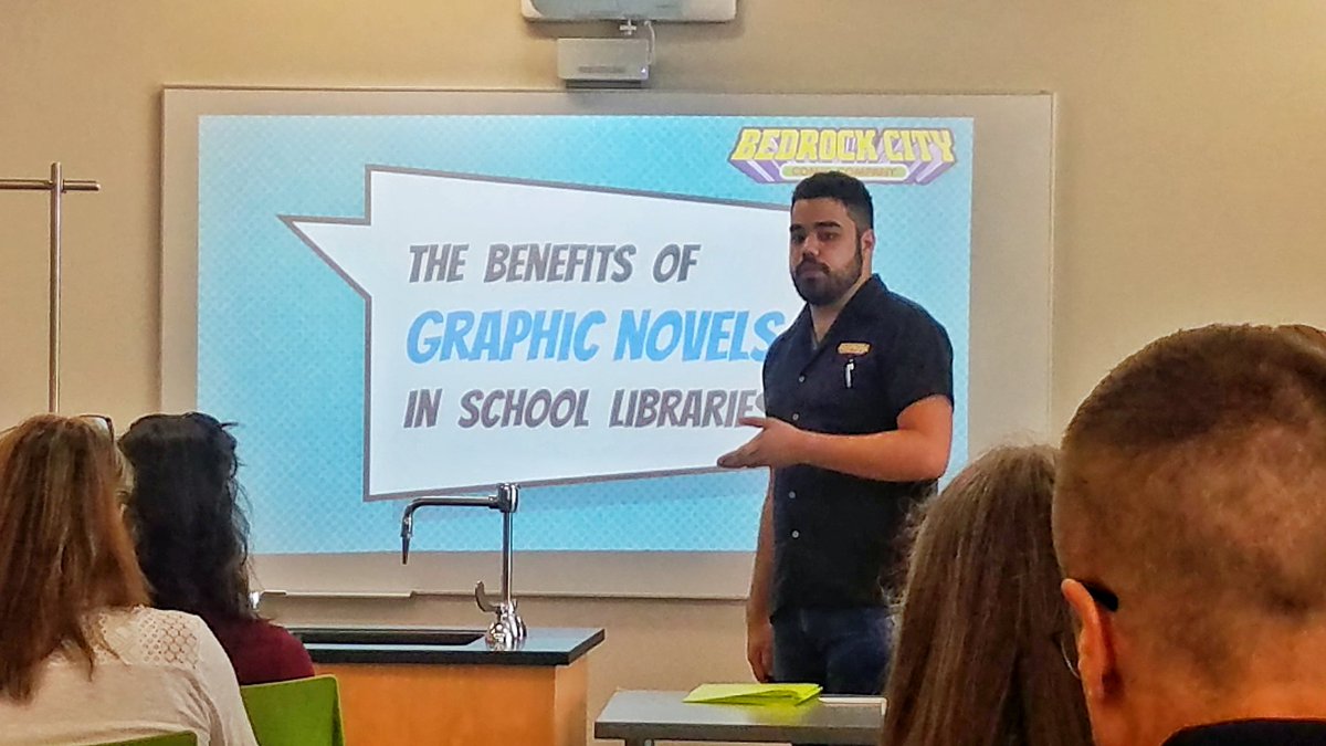 BaldLibrarian's tweet photo. Library Job-Alike Day! This session on graphic novels is fantastic! Can't wait to do a graphic novel book fair! #baldlibrarian #rambrary #bedrockcity https://t.co/LcSs1fb2zV