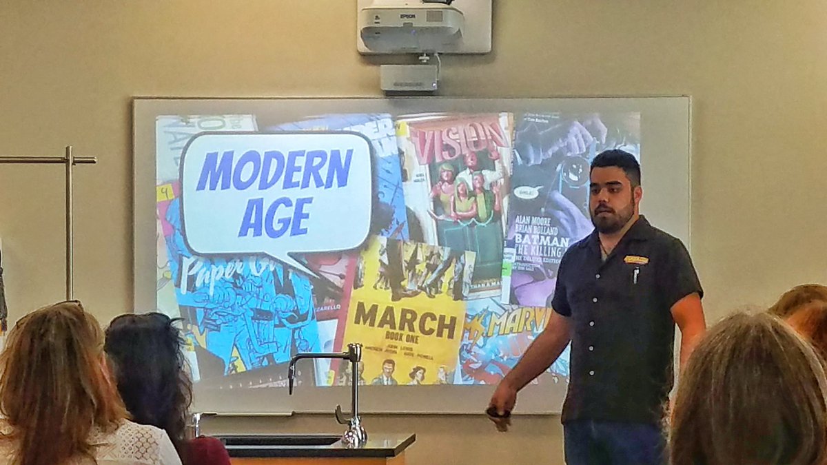 BaldLibrarian's tweet photo. Library Job-Alike Day! This session on graphic novels is fantastic! Can't wait to do a graphic novel book fair! #baldlibrarian #rambrary #bedrockcity https://t.co/LcSs1fb2zV