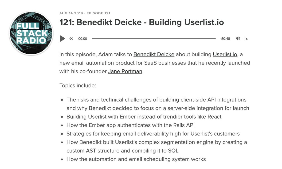 Adam Wathan (@adamwathan) on Twitter photo π New <a href="/fullstackradio/">Full Stack Radio</a> is out!
I talk to <a href="/benediktdeicke/">Benedikt Deicke</a> about building @Userlistio β lots of cool stuff in here about building an app with lots of complex scheduled job logic ππ»
fullstackradio.com/121 π New <a href="/fullstackradio/">Full Stack Radio</a> is out!
I talk to <a href="/benediktdeicke/">Benedikt Deicke</a> about building @Userlistio β lots of cool stuff in here about building an app with lots of complex scheduled job logic ππ»
fullstackradio.com/121