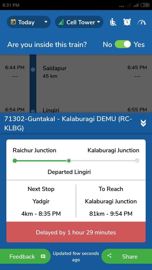 sharanduddagi's tweet photo. @SureshAngadi_ Sir Guntakal to Kalaburagi Train ಇದು.. 1.30 ಗಂಟೆ delayed.. ಇದು ಪ್ರತಿ ದಿನ ಆಗಿತ್ತಿದೆ. ಹಳ್ಳಿಗಳಿಂದ ಆಸ್ಪತ್ರೆಗೆ ಹೋಗಿ ಬರುವ ತುಂಬಾ ಜನ ಪ್ರಯಾಣ ಮಾಡುವ Train ಇದಾಗಿದೆ ದಯವಿಟ್ಟು ಸರಿಪಡಿಸಲು ವಿನಂತಿಸುತ್ತೇನೆ @RailMinIndia @RailwaySeva https://t.co/PfDEn0O9tJ