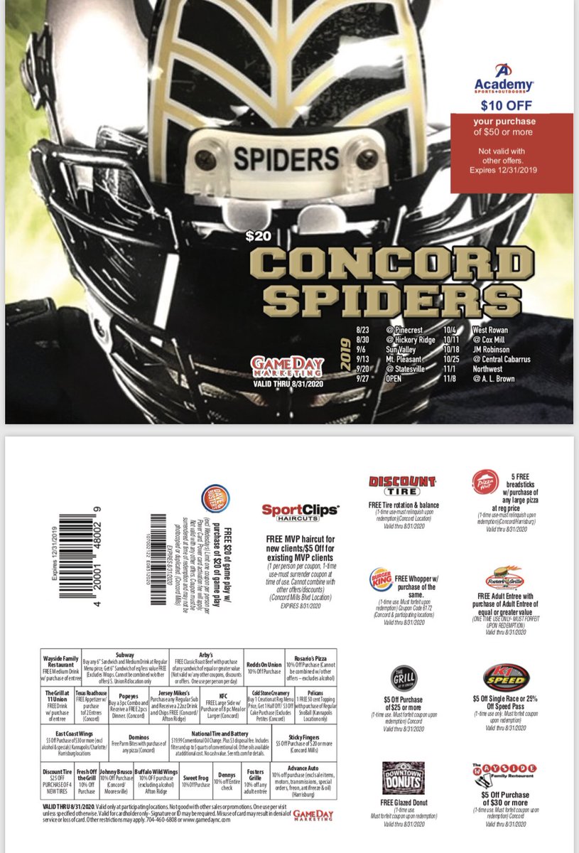 Concord Spider FB (@chsspiderfb) on Twitter photo Everyone you still have ⏰ to get one of the best discount cards around! It has many great deals but the Academy Sports coupon is worth the buy itself!! See ANY of our coaches or players to get yours. <a href="/gameday_nc/">GameDay Marketing NC</a> did a great job on these!! @Fbcoachpaxton Everyone you still have ⏰ to get one of the best discount cards around! It has many great deals but the Academy Sports coupon is worth the buy itself!! See ANY of our coaches or players to get yours. <a href="/gameday_nc/">GameDay Marketing NC</a> did a great job on these!! @Fbcoachpaxton