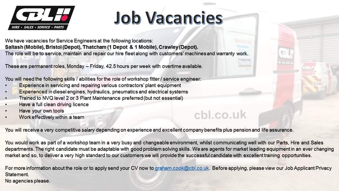 Job Vacancies <a href="/CBL_Bristol/">CBL Bristol depot</a> <a href="/CBLSaltash/">CBL Saltash</a> @CBL_Newbury <a href="/CBL_Crawley/">CBL_Crawley</a>