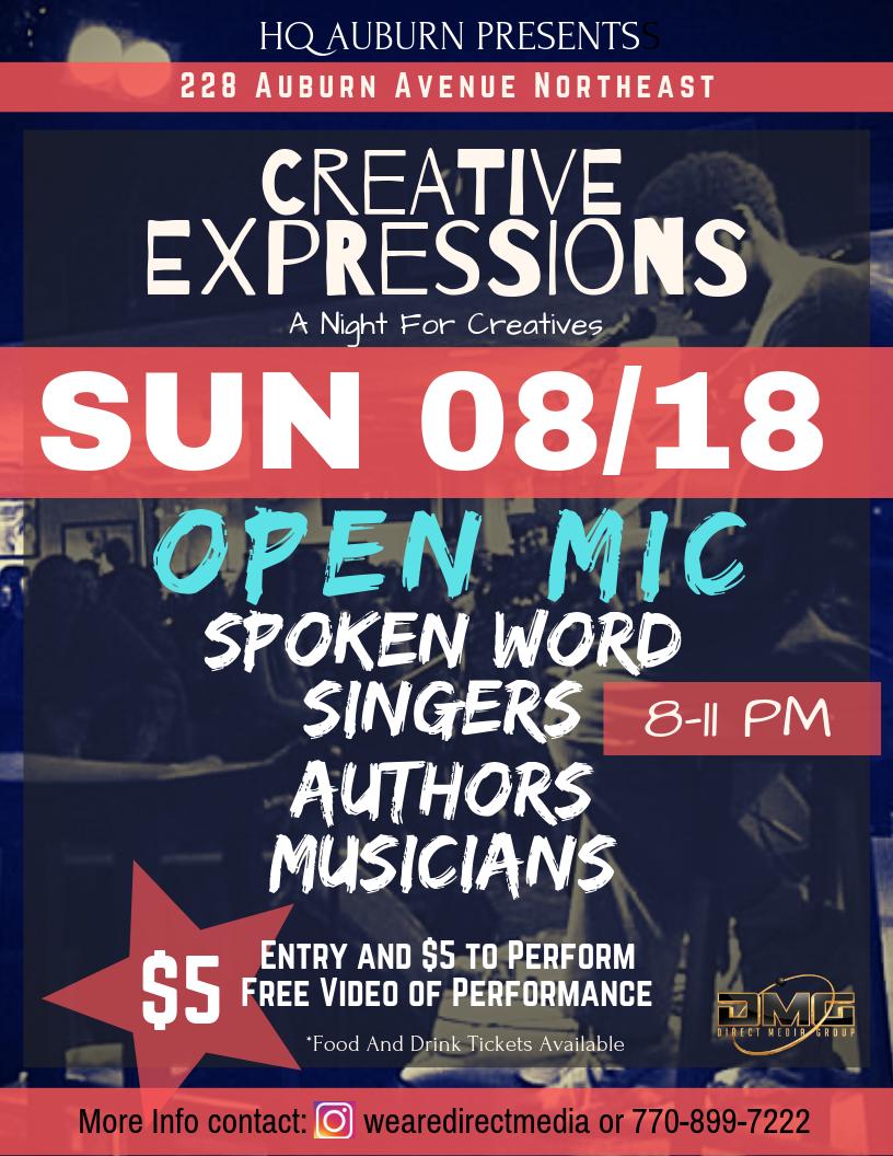 IAMROWE's tweet photo. This Sunday 8/18 Downtown Atlanta Creative Expression Open Mic 8-11pm #openmic #Atlanta #events #hiphop #poetry #neosoul #r&amp;b https://t.co/WkZDgtuOcx