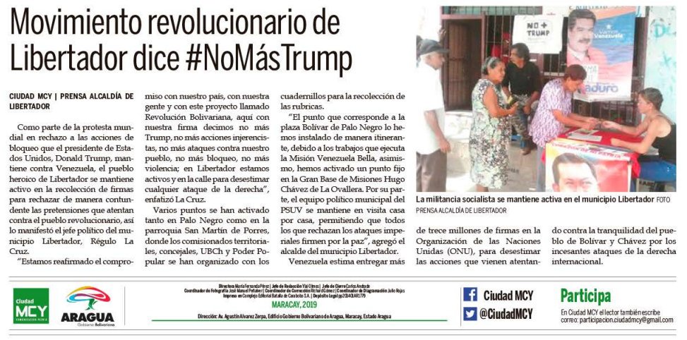 #14Ago Somos noticia en #CiudadMCY 'Movimiento revolucionario de Libertador dice #NoMásTrump' @RMarcoTorres @regulolacruz #VenezuelaProductivaYSoberana