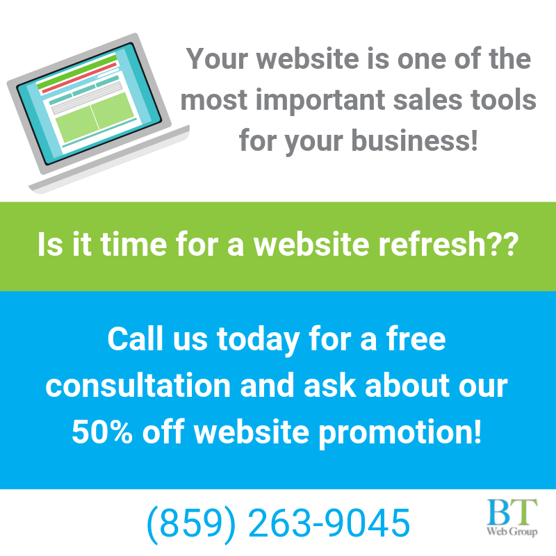 btwebgroup's tweet photo. Your website is an important part of your sales team. Is it time for a refresh? Right now we're offering 50% off Web Design! Call us today at 859-263-9045 💻👍 ☎️ #webdesign #website #websitedesign #refresh #btwebgroup https://t.co/00Nodoi97m https://t.co/FzWl72g9Bv