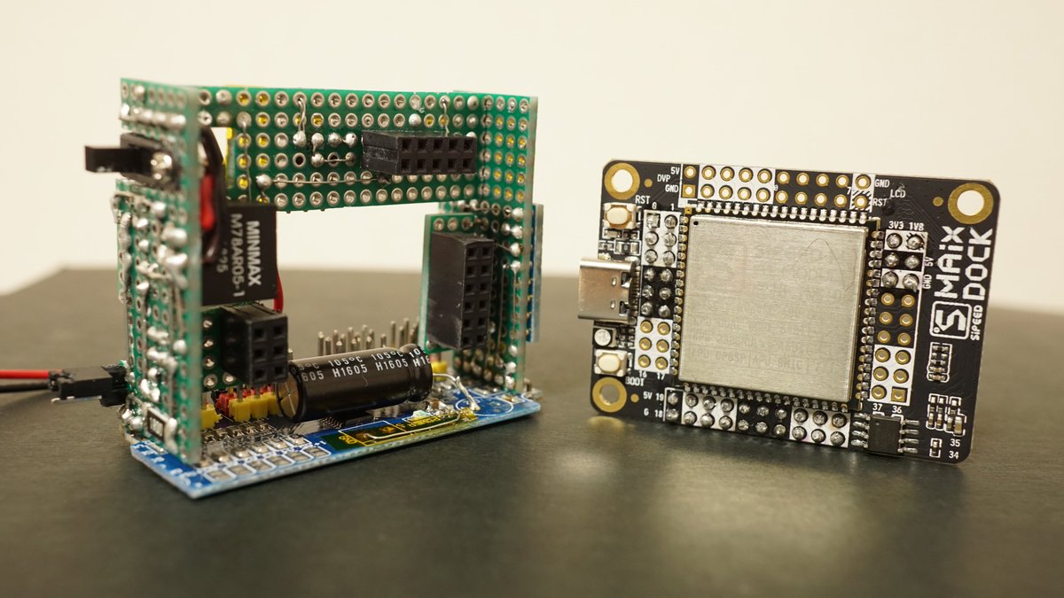WatakoLab's tweet photo. ついに、PLEN君用のMAix Dock制御基板が完成!廃熱も考慮しつつ、今回も結構立体的な基板構造になりました。外付けマイクやスピーカを後付けできるよう、スペースに少し余裕を持たせています。といっても、サーボ11個を配線したら、結構詰まるんだろうけど…。はやく動くといいなぁ。
#PLEN2 #MAix https://t.co/BsLQehevCG