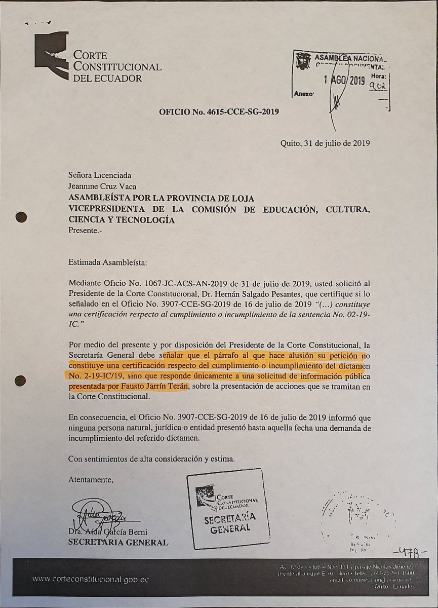 La prueba de que no ha existido desacato al Dictamen No. 2-19-IC/19 de la <a href="/CorteConstEcu/">Corte Constitucional</a> es que la misma emita un documento que detalla que no se encuentra a esa fecha acciones de incumplimiento presentadas, que estén en trámite o resueltas. ¡Por eso me llaman a juicio político!