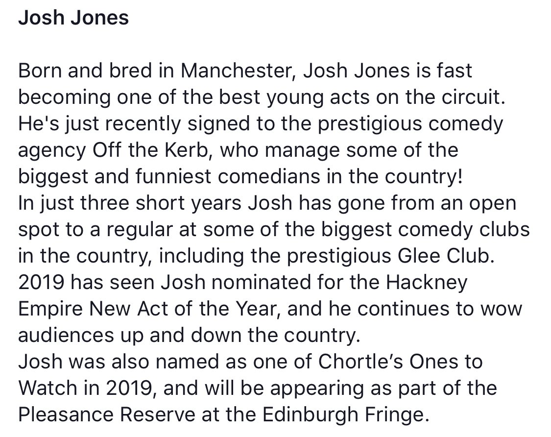 ComedyUrmston's tweet photo. Here’s a little more info about the fabulously funny @JoshuassJones who will be performing for us at the @RoebuckUrmston on the 6th September!
Get your tickets here👇🏻
https://t.co/QeD0urlNWO
.
#Urmston #M41 #StandUpComedy #Manchester #trafford #manchestercomedy #urmstoncomedy https://t.co/rKb9YmhGYo