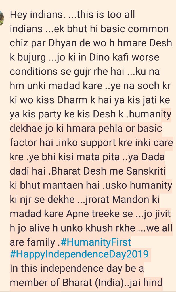 HimanshiModi6's tweet photo. #HumanityFirst #HappyIndependenceDay2019 #supportourfamily
#helpourelders https://t.co/LZbfZc2wVZ