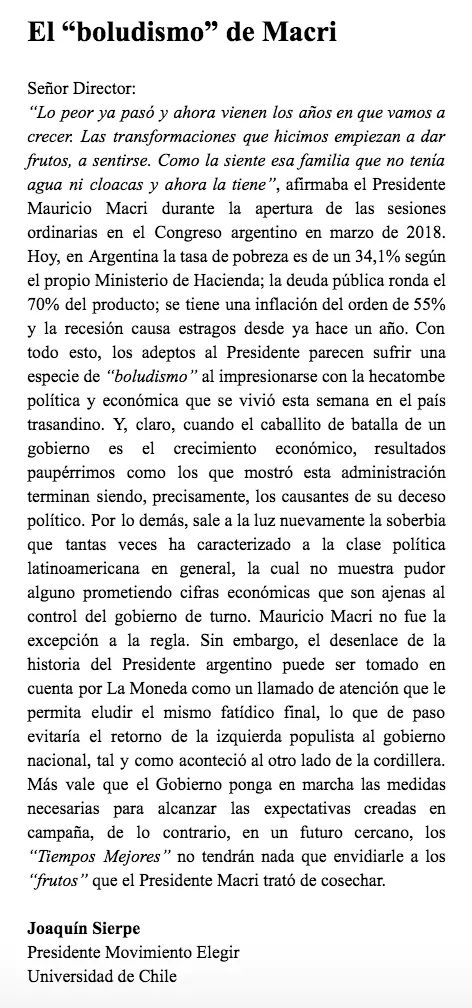 ELEGIR_uchile's tweet photo. Compartimos la Carta al Director de nuestro Presidente, @jsierpe, publicada en @elliberocl el día de hoy, comentando la situación política que se ha vivido en Argentina esta semana.

https://t.co/niZKiDtDj4 https://t.co/81JrLBrlGd