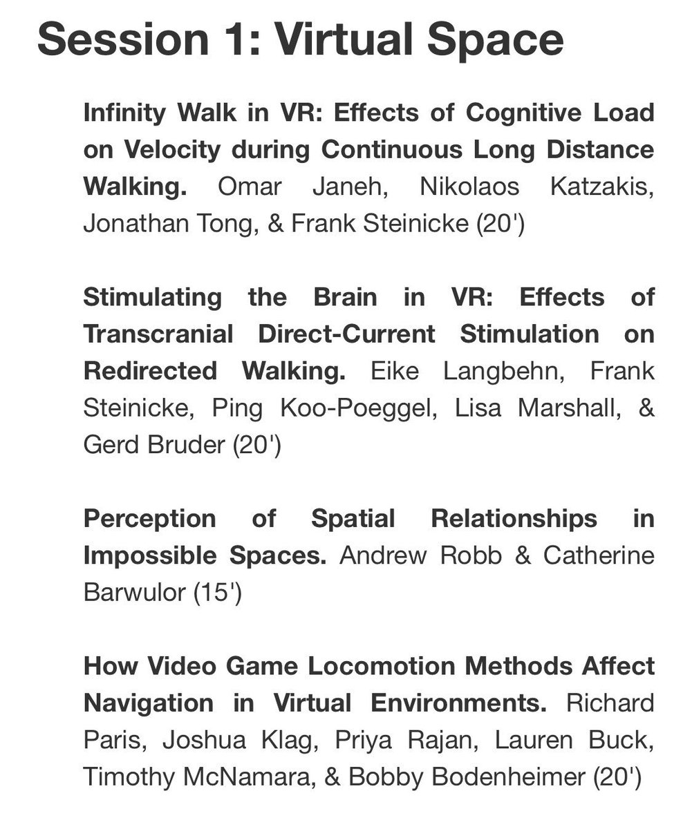 There will be a lot of #VR this year. With a session on Virtual Spaces and smart research on how to tackle impossible spaces from <a href="/ClemsonUniv/">Clemson University</a>, locomotion methods from <a href="/VanderbiltU/">Vanderbilt University</a>, infinity walking from <a href="/unihh/">Universität Hamburg</a>, and work on brain stimulation from the <a href="/sreal_lab/">Sreal Lab</a> at <a href="/UCF/">UCF</a>.