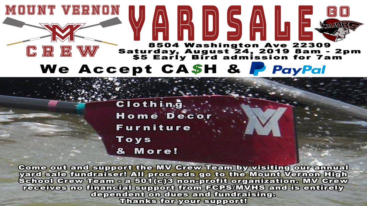 SEEKING DONATIONS FOR YARD SALE FUNDRAISER!
If you have items to donate, please email Lisa at secretary@mvcrew.com to arrange pick up or to drop off.