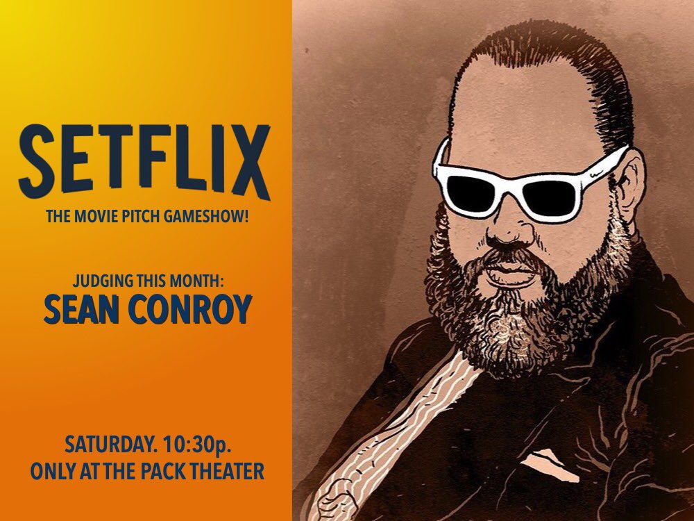 JUST ANNOUNCED! @seanconroy from @loshopo is coming to judge #Setflix this Saturday at 1030pm!
Comedians are pitching movies for fun and prizes!
Only at the @packtheater! 
#gameshow #comedyclub #thingstodoinla #netflix #movies #pitchfest