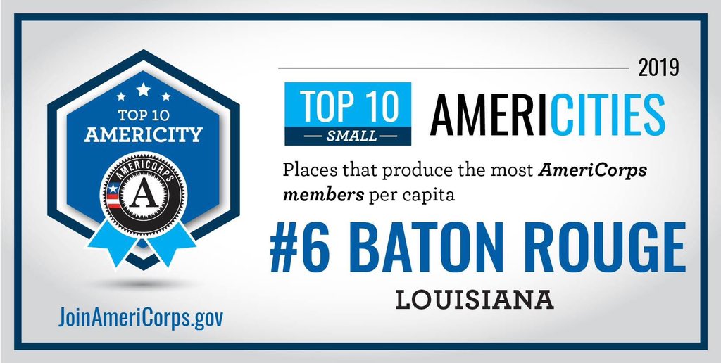 RepGarretGraves's tweet photo. Baton Rouge is home to some of the most committed and energetic @AmeriCorps members. I’m thrilled to learn that we’re one of the top-ranking small #AmeriCities for 2019: https://t.co/VFpZBMMztW https://t.co/Yd2W8fQIVn