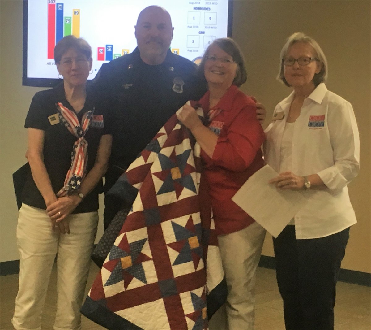 ChattanoogaPD's tweet photo. Thank you @QOVFoundation for stopping by to honor the military service of 3 of our officers by presenting them with handmade quilts. They were very appreciative. #quiltsofvalorfoundation https://t.co/yayg3mJpLN