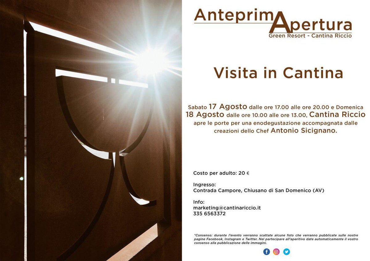 CantinaRiccio's tweet photo. Save The Date: il 17 e il 18 #Agosto #CantinaRiccio apre le porte per una enodegustazione accompagnata dalle creazioni dello Chef Antonio Sicignano
#winery #italianwine #vin #viini #wein #wäin #вино #wijn #ワイン #酒 #vino #wine #winetasting #winelovers #greenresort #nextopening https://t.co/bG2CqkryLJ