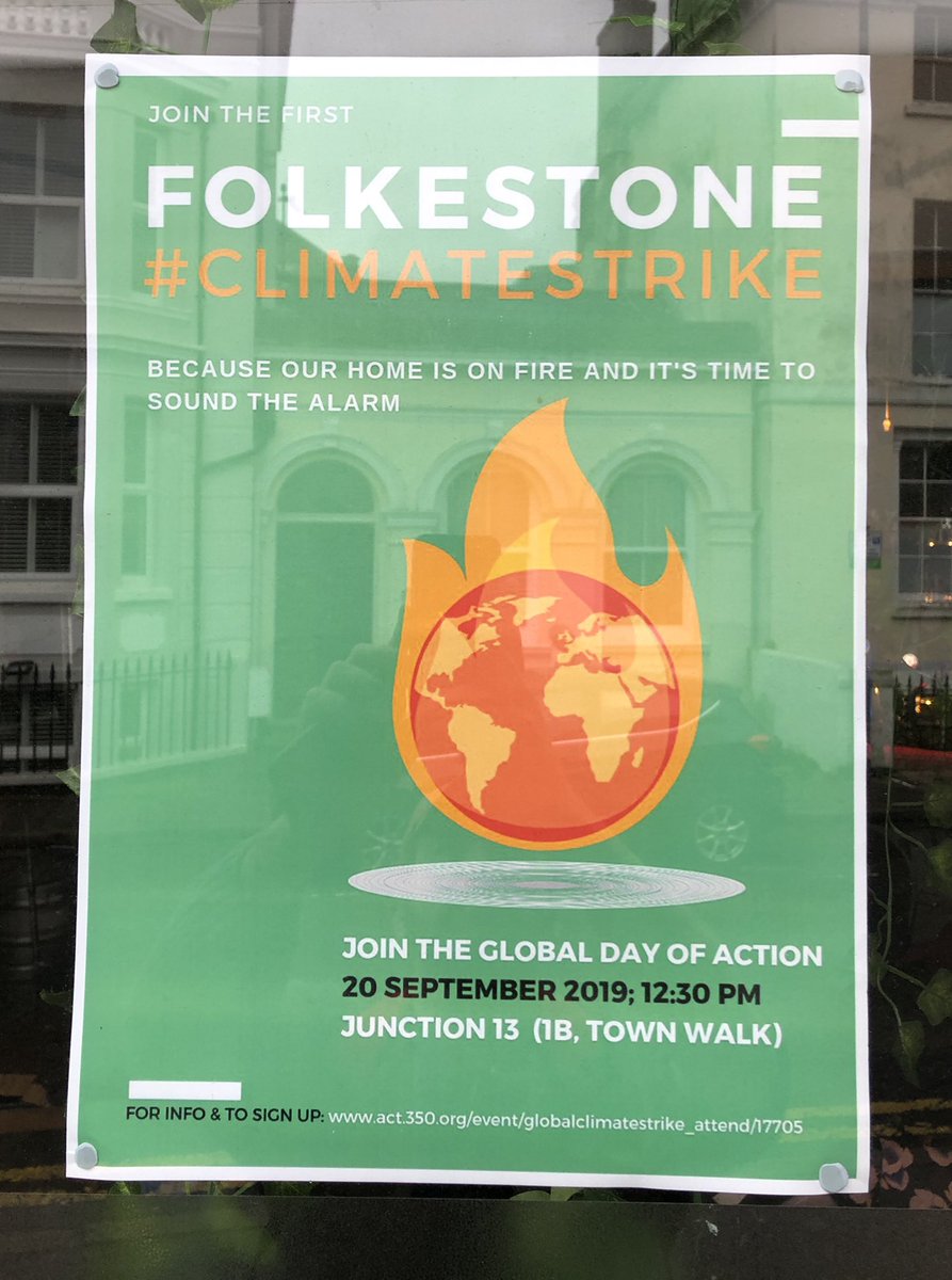 Here’s the first Folkestone #ClimateStrike poster, up in the window of @junction_13folk. If you want one for your own window or wall, or want flyers, please RT and reply. More info at greenfolkestone.wordpress.com/2019/08/07/joi…