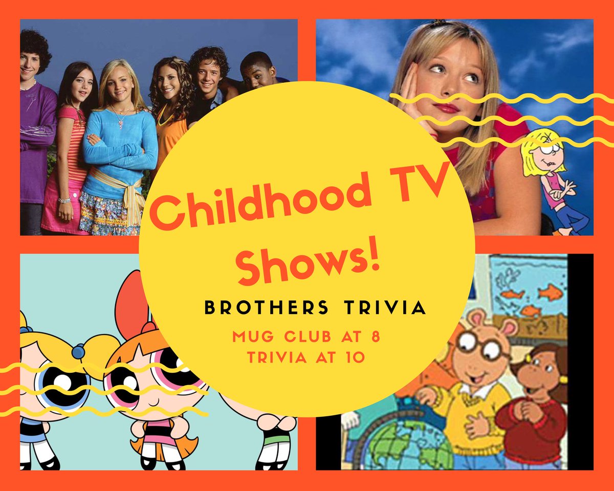 BrosEauClaire's tweet photo. Let’s throw it back to when we were 9 and racing our siblings to see who would get to the TV first. Come show off your knowledge on your favorite TV shows growing up tonight! Win big prizes, drink for cheap! #brostrivianight #mugclub #disneyovernickallday https://t.co/8fIEMV3TCf