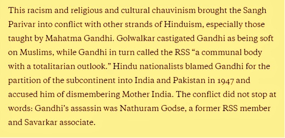 Golwalkar also known as "Guru Of Hate", to many, cursed Mahatma Gandhi publically and declared him traitor of Hinduism after the partition of India as he believed Hindu had the right to rule Muslims after British.This led to the murder of the father of Independent India by RSS.