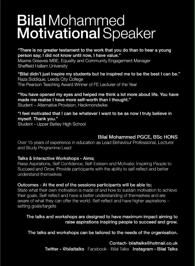 bilaltalks's tweet photo. EARLY REMINDER!!!
Academic Year 2019/20; I am available for bookings!
Direct message me for enquiries.
Let's do this!
Inspiring people to succeed & grow!
#WhichFrogAreYou?
#TeamMakingADifference
#MotivationalSpeaker
#MotivationalWorkshop
#RaisingAspirations
#GrowthMindset https://t.co/nA4mKLzP1w