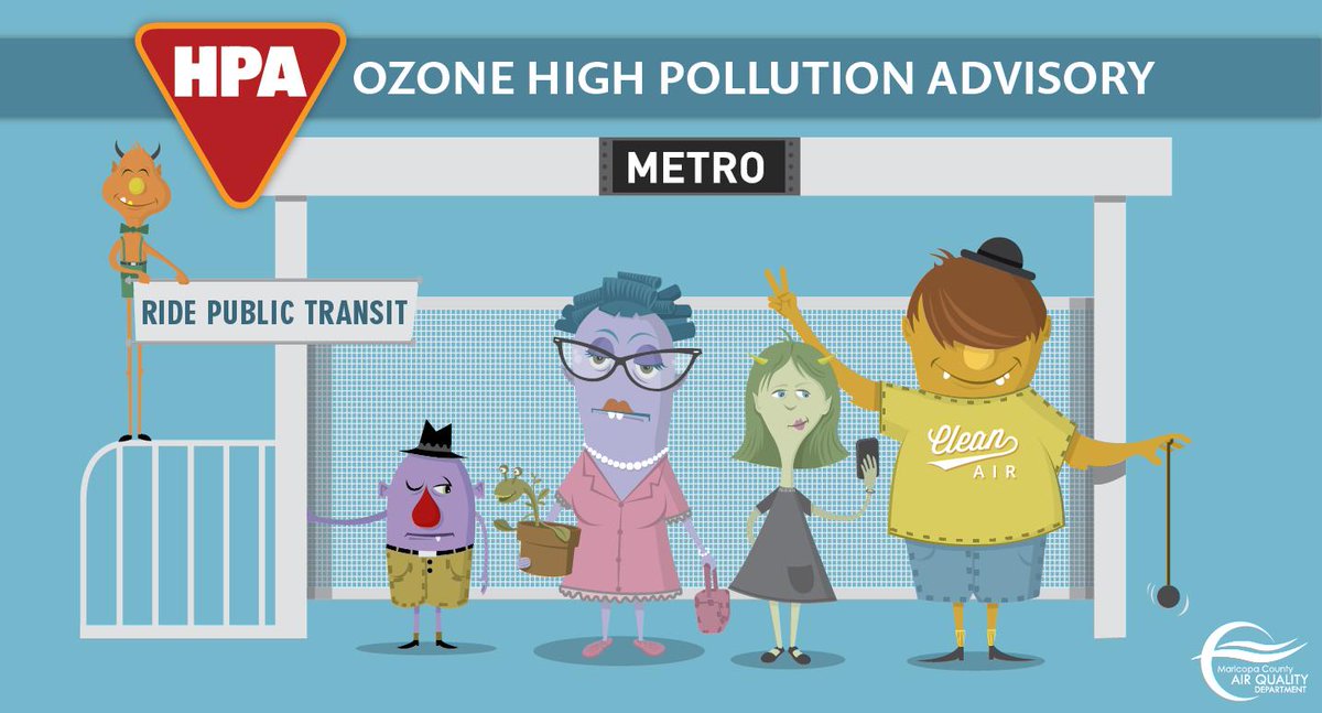 MaricopaAir's tweet photo. Today's high pollution advisory has been extended through tomorrow- Thursday, August 15. Leaf blower use and open burning is restricted. 

#HelpKeepOzoneAway and use public transit when possible! #CareForOurAir #HPA https://t.co/A5GrtZ8NPp
