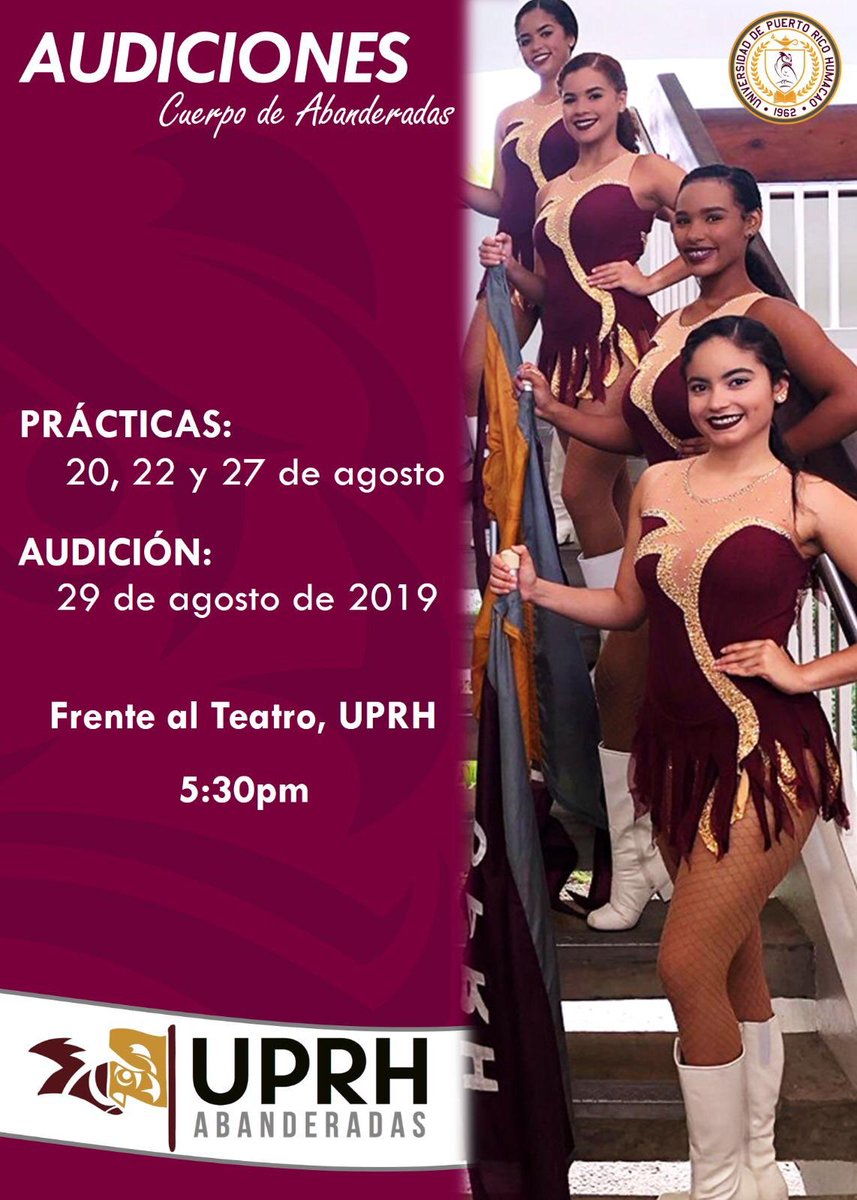 Banderasuprh's tweet photo. AUDICIONES DE ABANDERADAS UPRH 2019
Requisitos:
* ser estudiante de UPRH
* 2.50 o más de promedio * 12 créditos mínimos matriculados 
Vestimenta:
* ropa deportiva y zapatos cerrados *Habrá venta de refrigerios*
¡Los esperamos! 🦉🎌 https://t.co/1sOrWVieyC