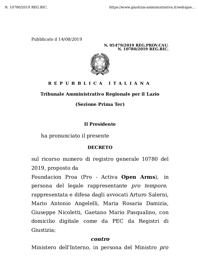 gbgallus's tweet photo. #Openarms Ecco il decreto del #TAR che sospende il disumano e illegale provvedimento di #Salvini. https://t.co/w13RZoikIS