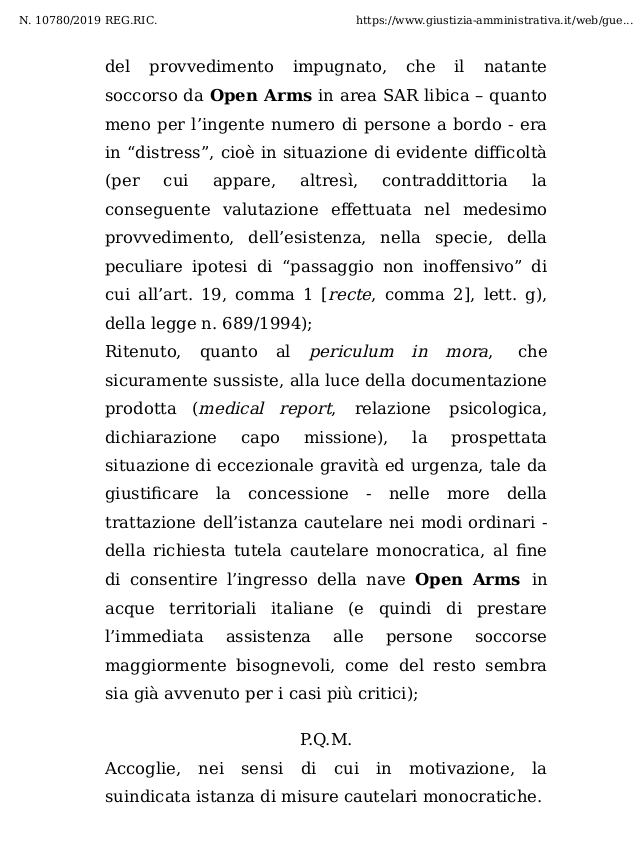 gbgallus's tweet photo. #Openarms Ecco il decreto del #TAR che sospende il disumano e illegale provvedimento di #Salvini. https://t.co/w13RZoikIS