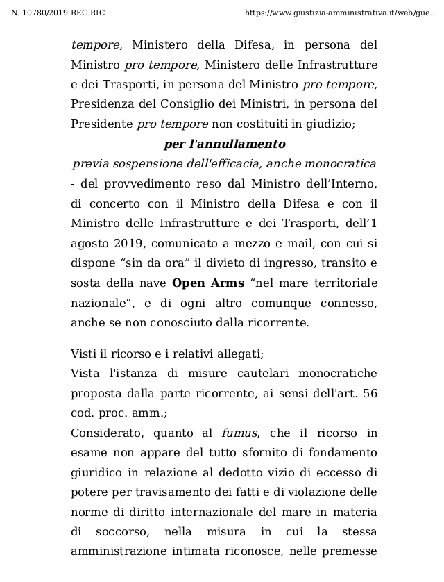 gbgallus's tweet photo. #Openarms Ecco il decreto del #TAR che sospende il disumano e illegale provvedimento di #Salvini. https://t.co/w13RZoikIS