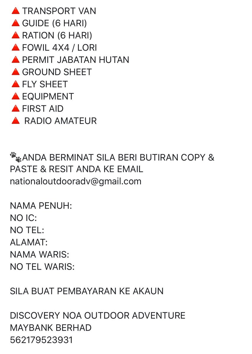 ⛰ TRANS NORING
26-31 OKTOBER 2019
RM480 ALL IN TERMASUK VAN &amp; MAKAN MEWAH! 🔥
☎️ 01116666827 (Anna) 

Mohon Retweet 🙏🏻😘