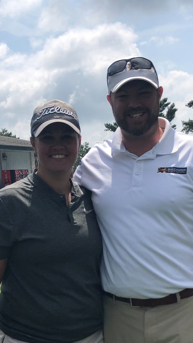 ETSU_WBB's tweet photo. At the BCS Golf Tournament @TriCitiesGolf to benefit @SCCNational today with @ETSUBucsVoice - excited to watch Jay hack it around and beat him on the course but more excited to be out in the community playing for the kids! #BucsGiveBack https://t.co/aWhk0lyTIx